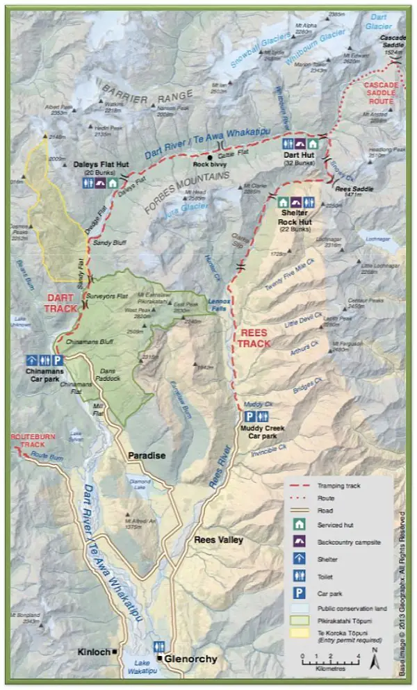 carte du Mount Aspiring National Park en Nouvelle Zélande