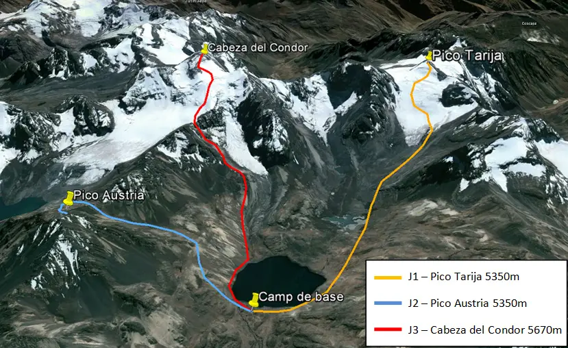 Itinéraires des trois ascensions de l’expédition : massif du Condoriri dans la Cordillère Royale en Bolivie