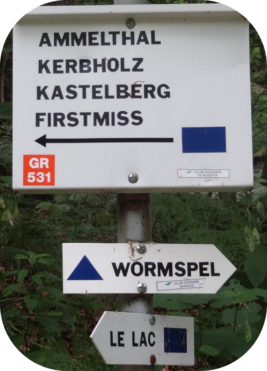 Panneau indiquant les directions à suivre pour se rendre à l'arête des Spitzkoepfe dans les Vosges