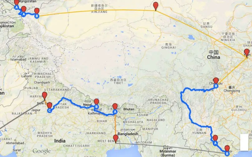 Itinéraire en vélo de notre voyage en Asie