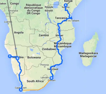Itinéraire en vélo de notre voyage en Afrique