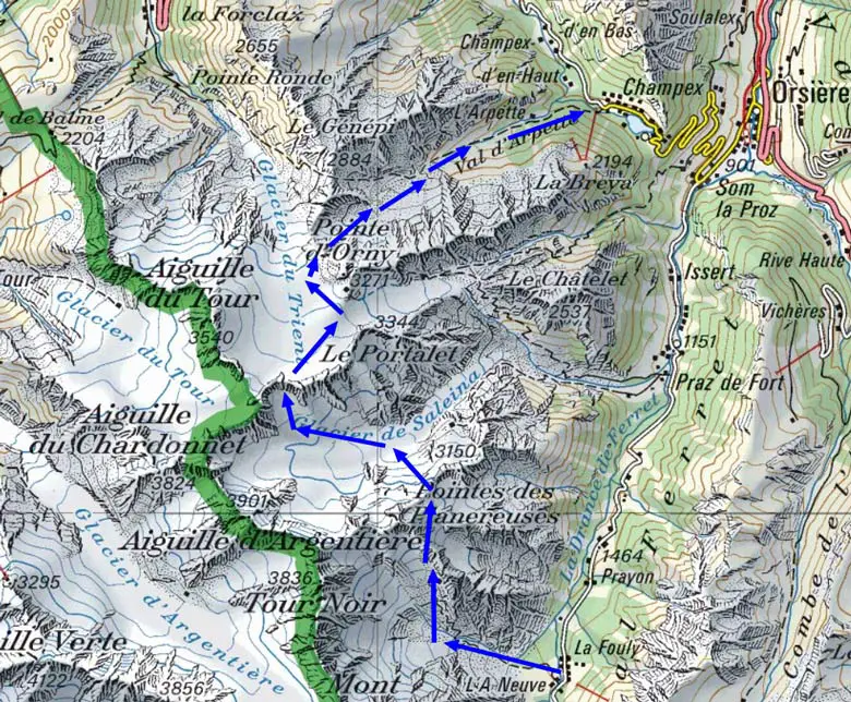 La carte du raid de ski de rando du massif du Mont-Blanc