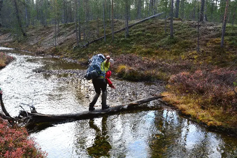On construit un pont pour rester au sec trek en Laponie
