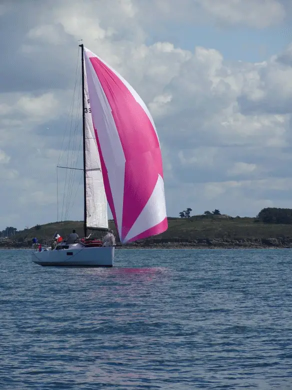 Voilier qui a gonflé son « Spi », ou spinnaker, une voile avant très légère (et très jolie !)