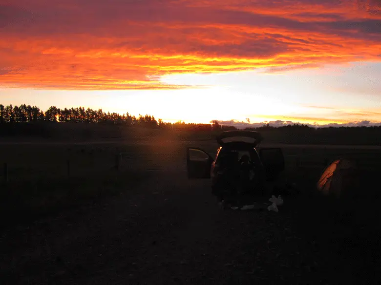 Notre campement au coucher du soleil en Nouvelle-Zelande