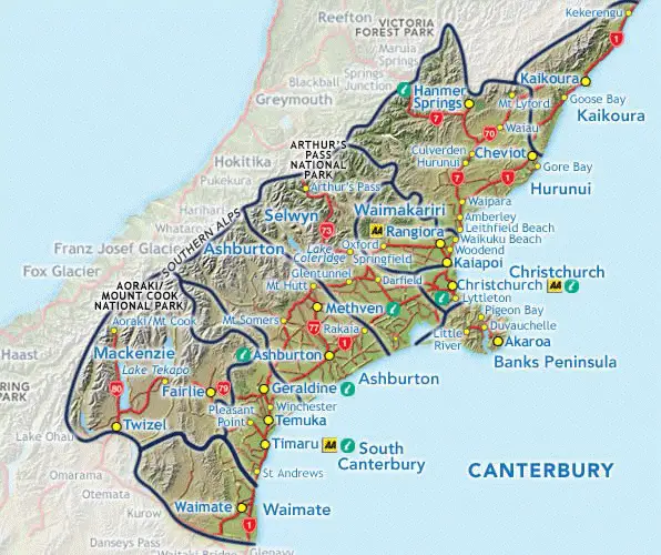 District de Canterburry : Le Mont Cook est au sud-ouest et Christchurch à l’est