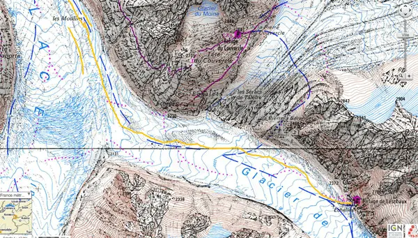 Infos carte des mer de glace dans le massif de Mont-Blanc