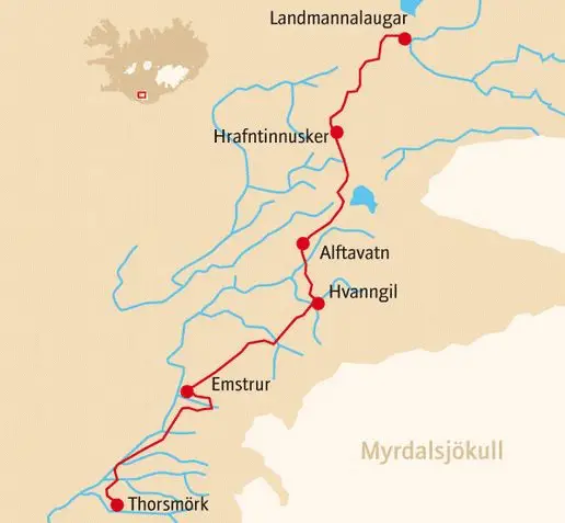 Illustration 2: Trajet du trek et les différents refuges qui le jalonnent. 