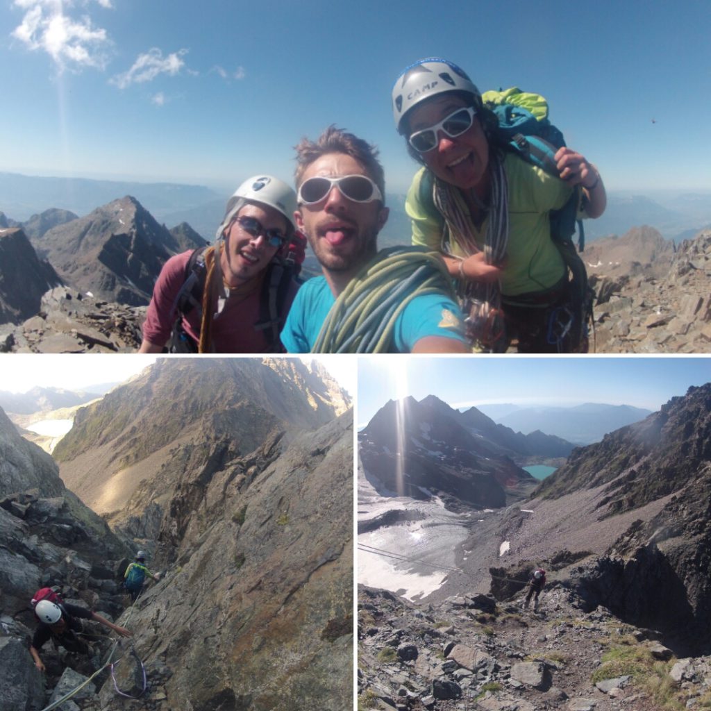 Fanny, Robin et Alex au sommet du Grand Pic, 2 977m - Fanny et Robin à la redéscente dans le grand couloir de la face Nord. - Robin lors du dernier rappel pour arriver au Col de la Balmette