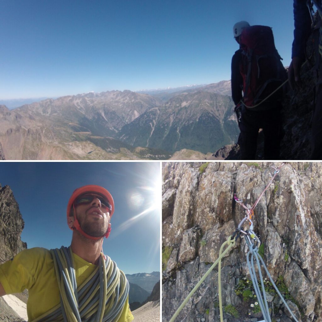 Petite pause sur les vires avec vue sur le Mont Blanc - Grand beau, même à 2 600m ! - Un relais avec friends + becquet