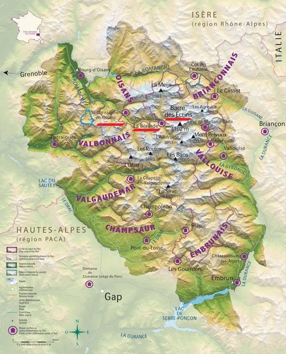 Carte du Parc naturel des Ecrins (en rouge, les lieux évoqués dans ce récit)