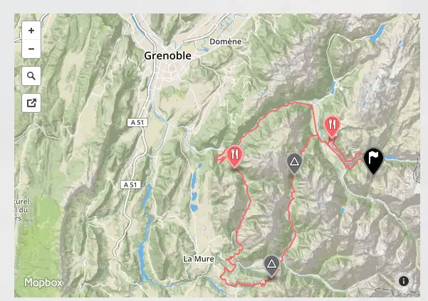 Parcours du circuit Grand Fondo (177km), au départ des Deux Alpes