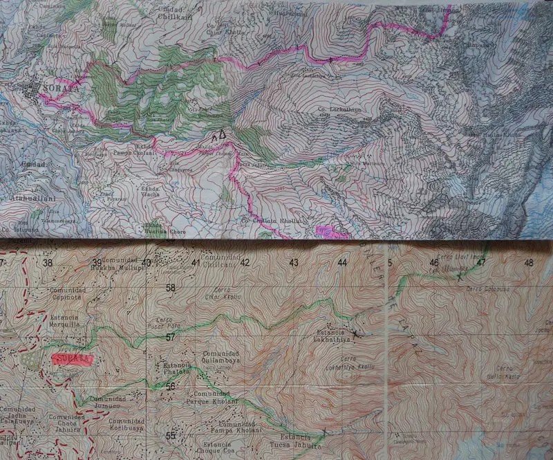 cartes de Bolivie au 150000ème plus ou moins précises, celle de Alpenverein en haut et celle téléchargée sur internet en bas