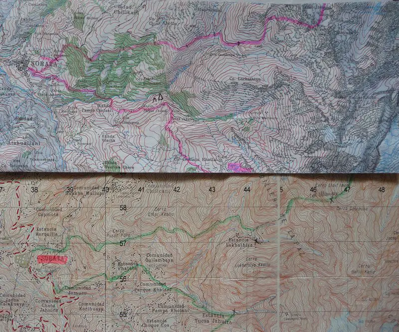 cartes de Bolivie au 150000ème plus ou moins précises, celle de Alpenverein en haut et celle téléchargée sur internet en bas cartes de Bolivie au 150000ème plus ou moins précises, celle de Alpenverein en haut et celle téléchargée sur internet en bas