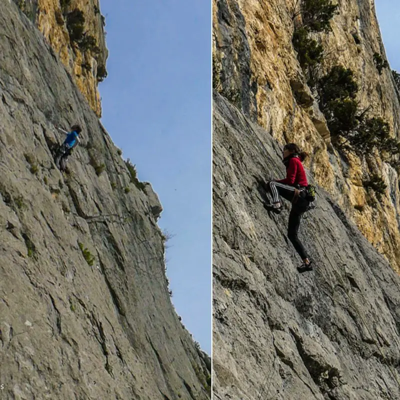 Alex et Yohanna dans le 7a "Déséquilibre" aux Gorges d'Ubrieux