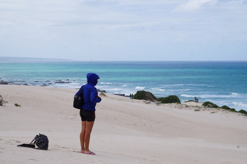 En arrivant sur les dunes, on observe les baleines, voyage en Afrique du Sud à vélo