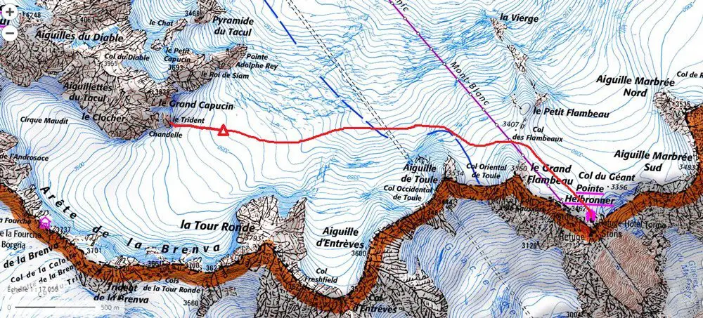 Carte générale du parcours en rouge, sortie alpinisme Carte générale du parcours en rouge, sortie alpinisme
