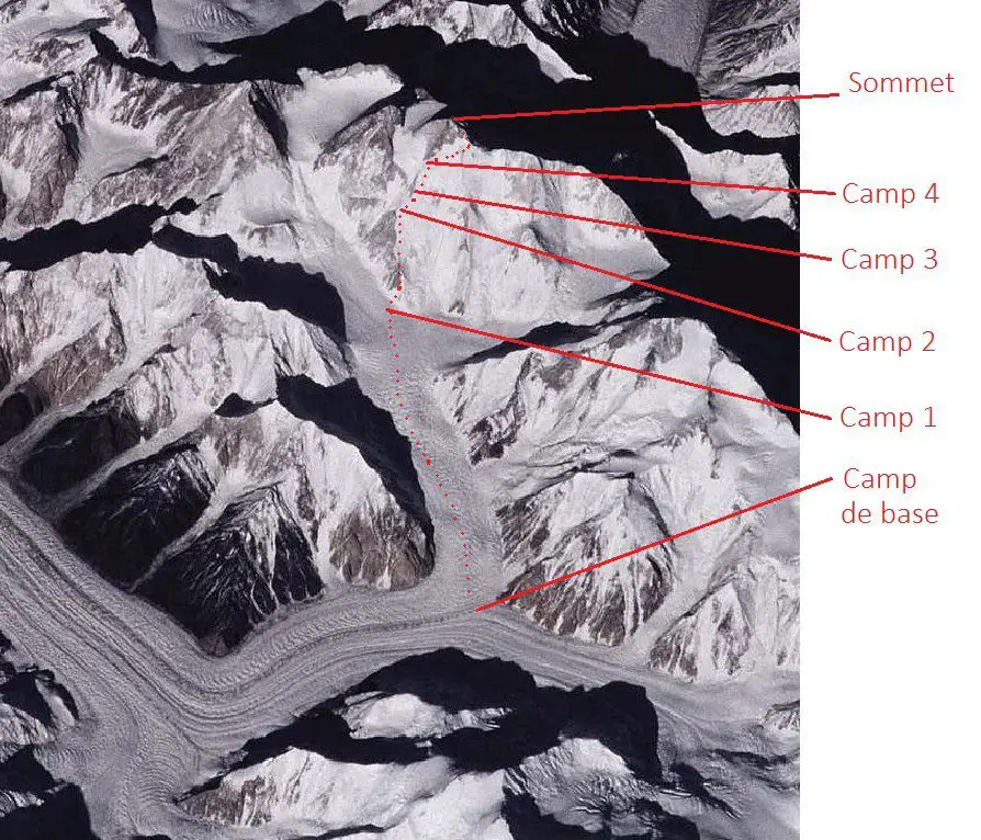 Itinéraire de l’ascension, position des différents camps Ascension du Gasherbrum 2