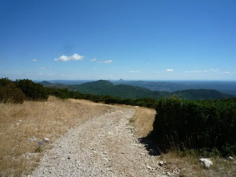 Vue depuis le Mont Saint-Beaudille sur la vallée de l’Hérault dominée par le Pic Saint Loup