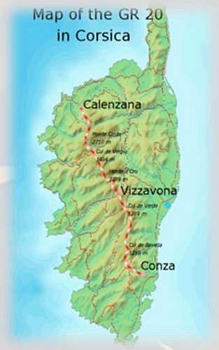 Carte de l'itinéraire du GR20 en Corse Carte de l