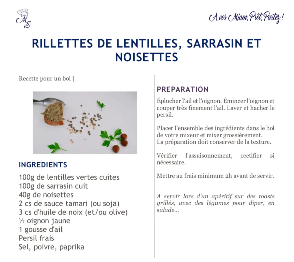 recette de rillettes de lentilles, sarrasin et noisettes