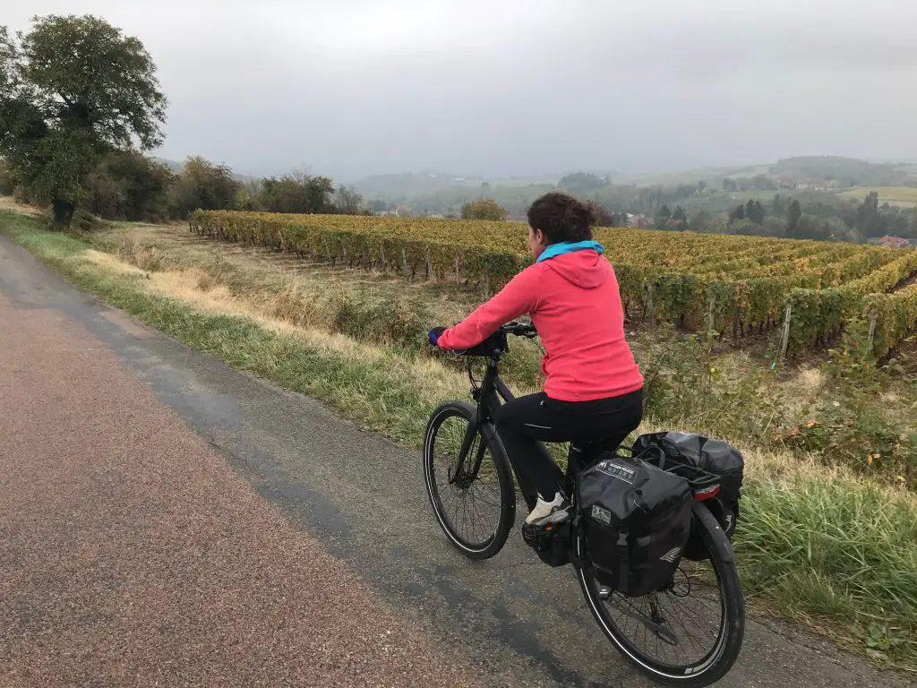 Sur les routes de Bourgogne en vélo électrique dans un paysage viticole