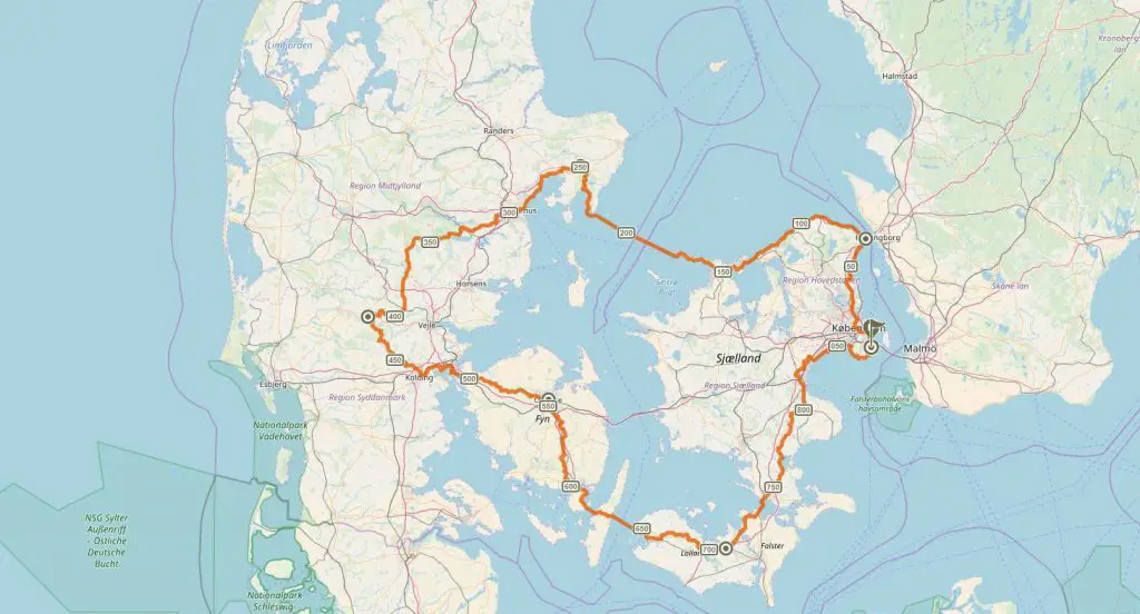 Trajet initial du séjours à vélo à la découverte du Danemark