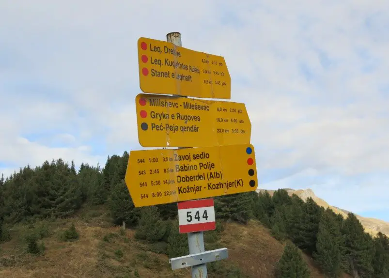 Panneaux indicatifs pour le chemin lors de notre randonnée dans les montagnes des Balkans.