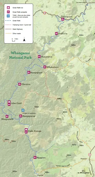 Carte de Whanganui Journey issue du DOC (brochure officielle)