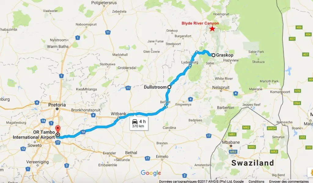 Itinéraire de Johannesburg à Graskop lors de notre voyage en Afrique du Sud