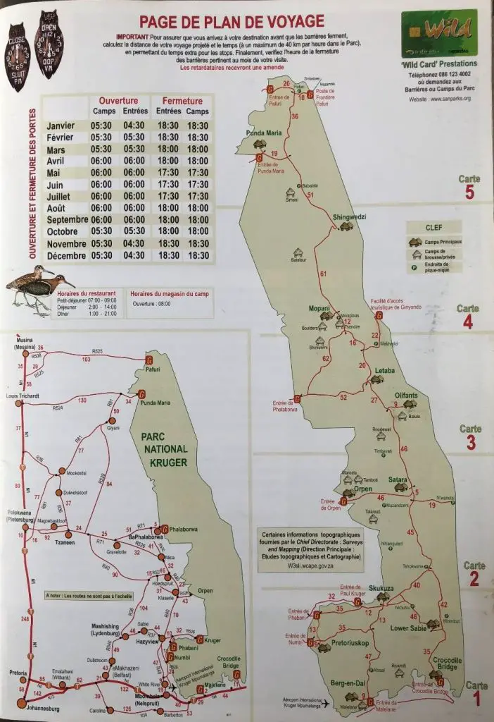 Carte du parc Kruger lors de notre voyage en Afrique du sud