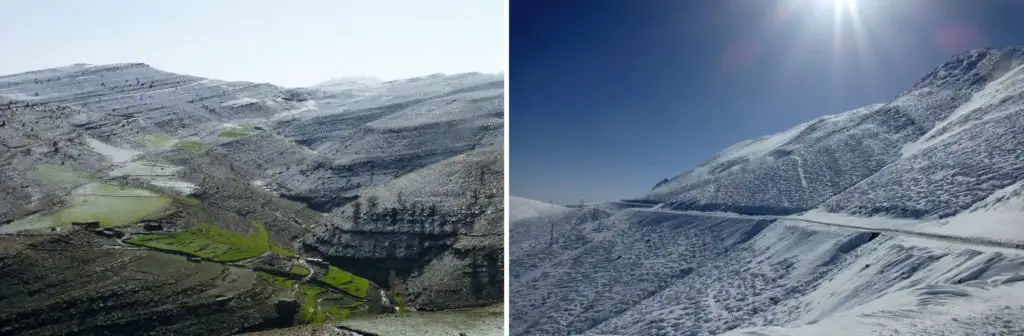 Vue sur la neige sur la route de Taghia dans les montagnes du maroc