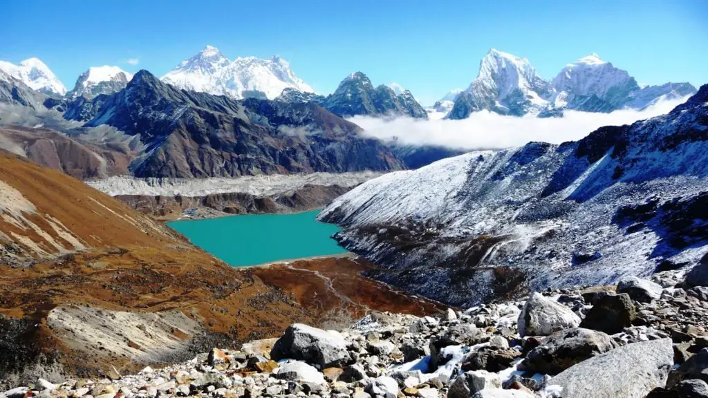 Vue du Renjo La (5435m) sur le lac de Gokyo et les sommets du Khumbu, Népal.