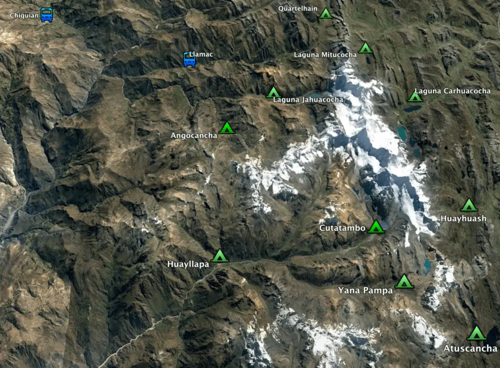 carte de nos emplacements approximatifs de nos campements au Pérou