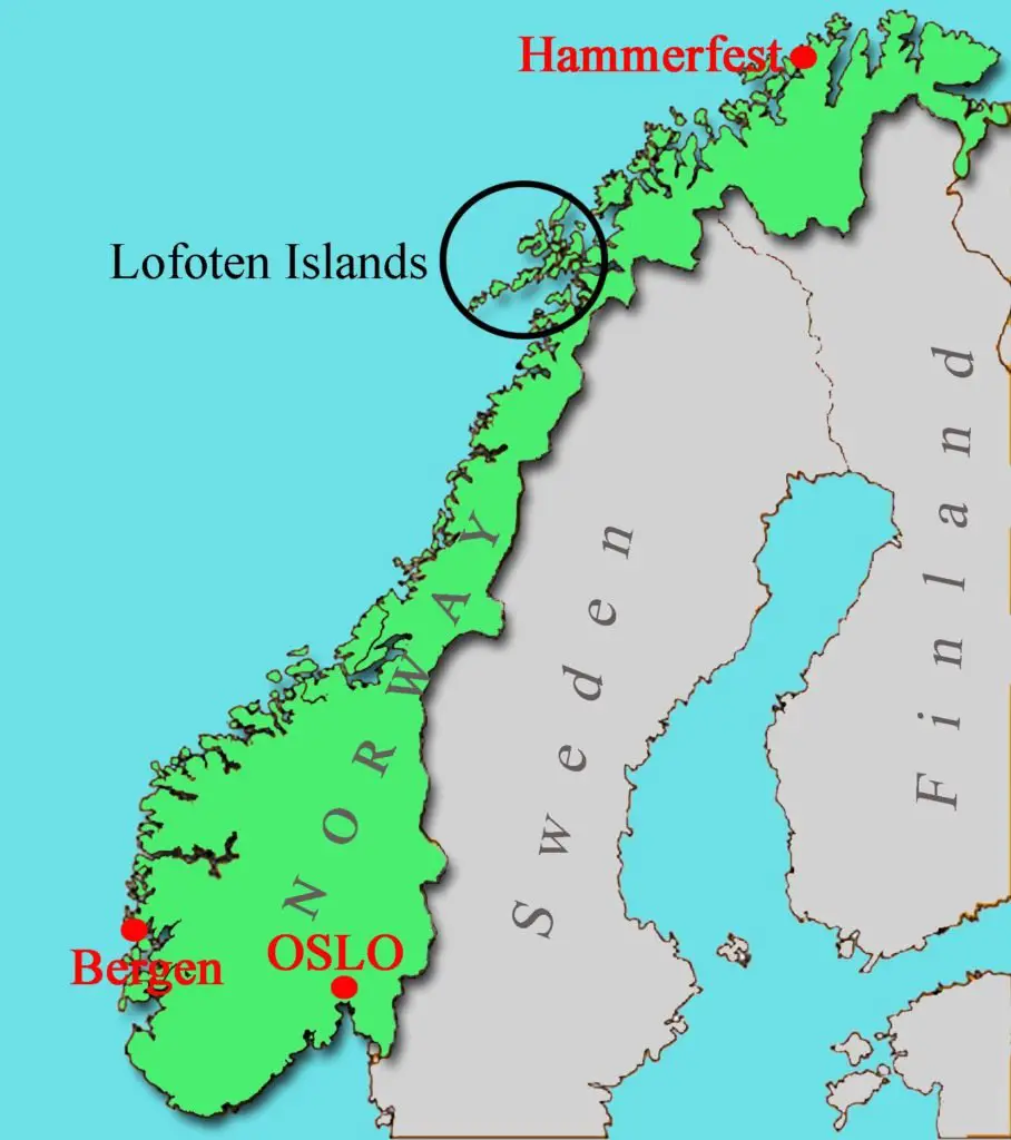 Carte pour se rendre aux iles Lofoten en Norvège