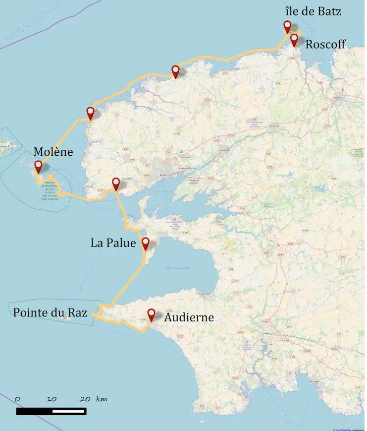 Carte du parcours et bivouacs en Bretagne