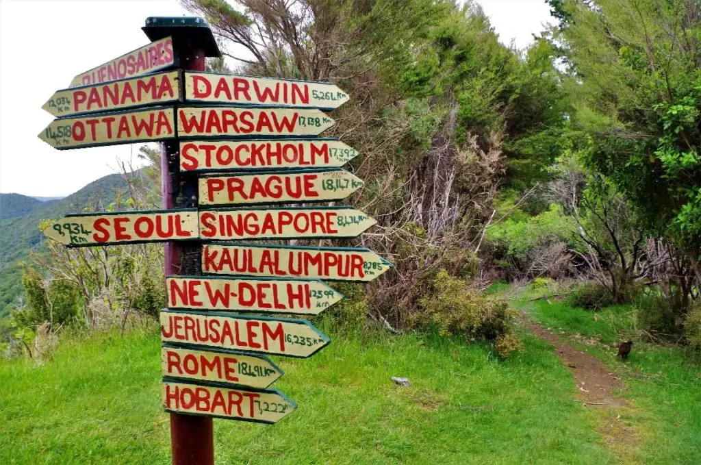 Panneaux de direction indiquant des villes internationales en Nouvelle-Zélande