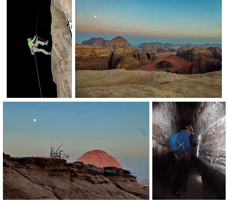 Grimpe de nuit avec frontale à Wadi Rum dans le désert Jordanien