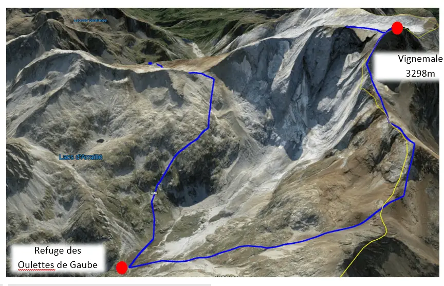 carte du trajet du vignemale au refuge oulettes de Gaube