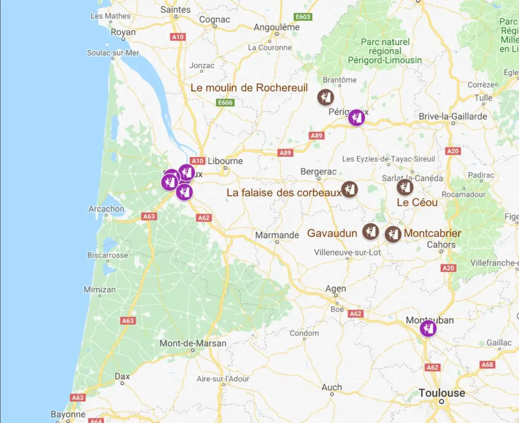 carte des spots d'escalade pour grimper en Aquitaine autour de Bordeaux