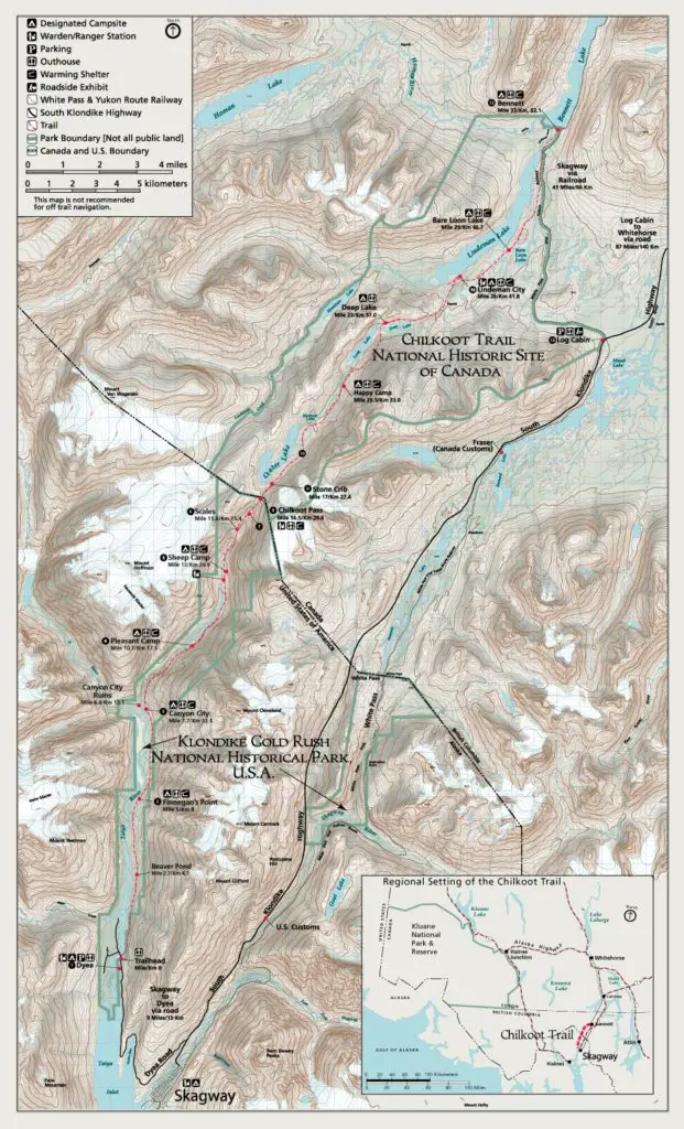 Carte de la randonnée du Chilkoot Trail au Canada