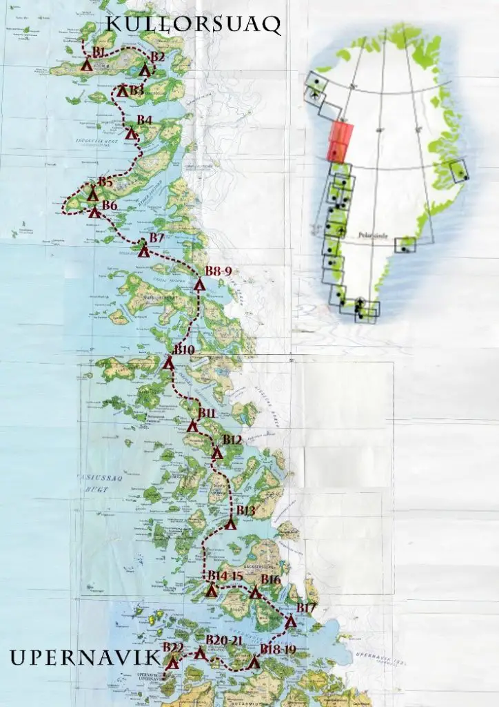 Carte du parcours et bivouacs de nos 3 semaines de kayak de mer au Groenland