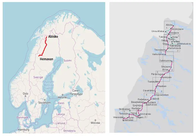 carte de l'itinéraire de la voie royale en suede la Kungsleden