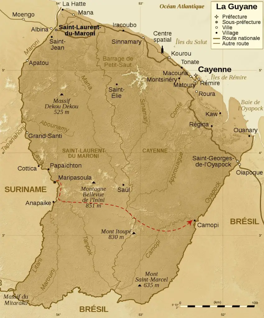 Carte de Guyane avec le chemin des émerillons