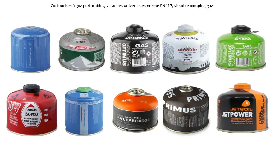 Cartouches à gaz perforables, vissables universelles norme EN417, vissable camping gaz