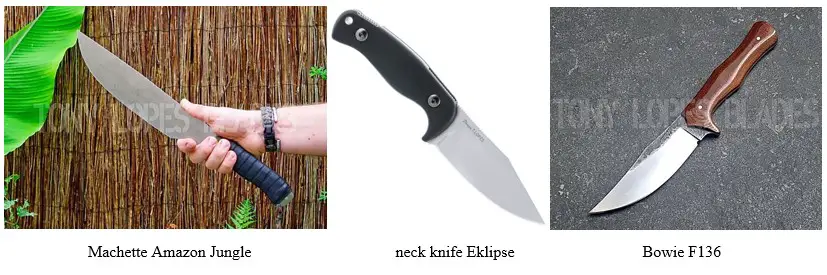 Couteau Tony LOPES avec Machette Amazon Jungle et neck knife Eklipse et Bowie F136