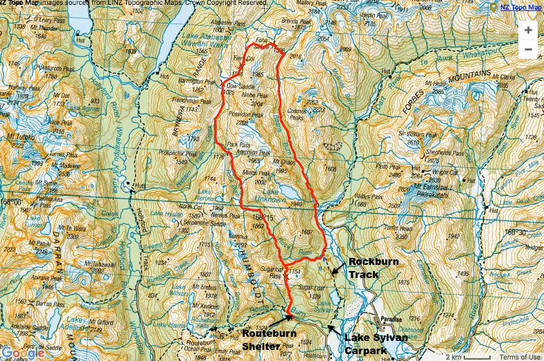 carte de nos 4 jours de randonnée au Mount Aspiring National Park en Nouvelle-zélande