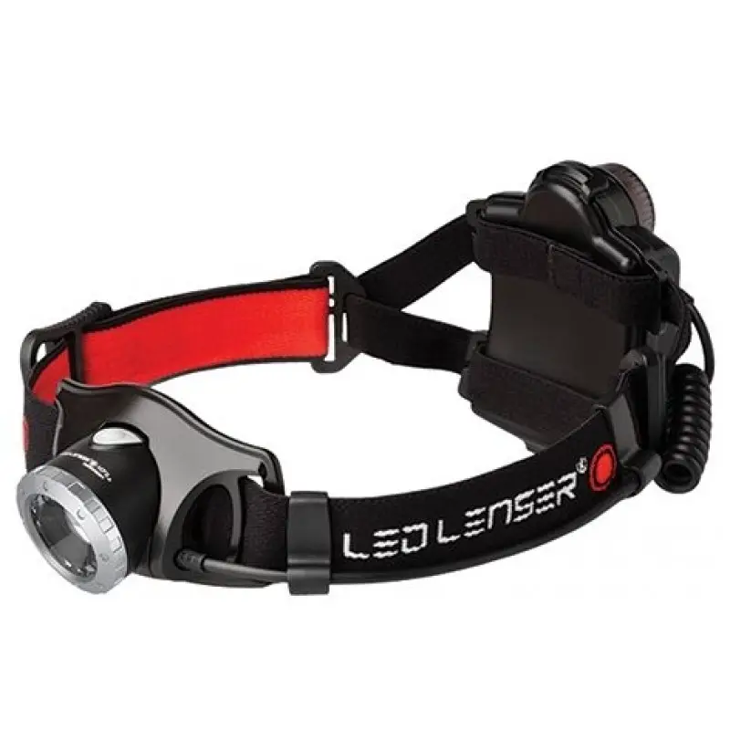 Un modèle de lampe frontale LED Lenser avec batterie déportée à l'arrière