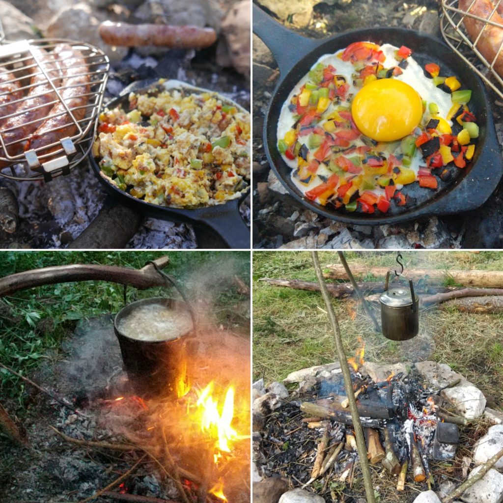 Repas bushcraft au feu de bois