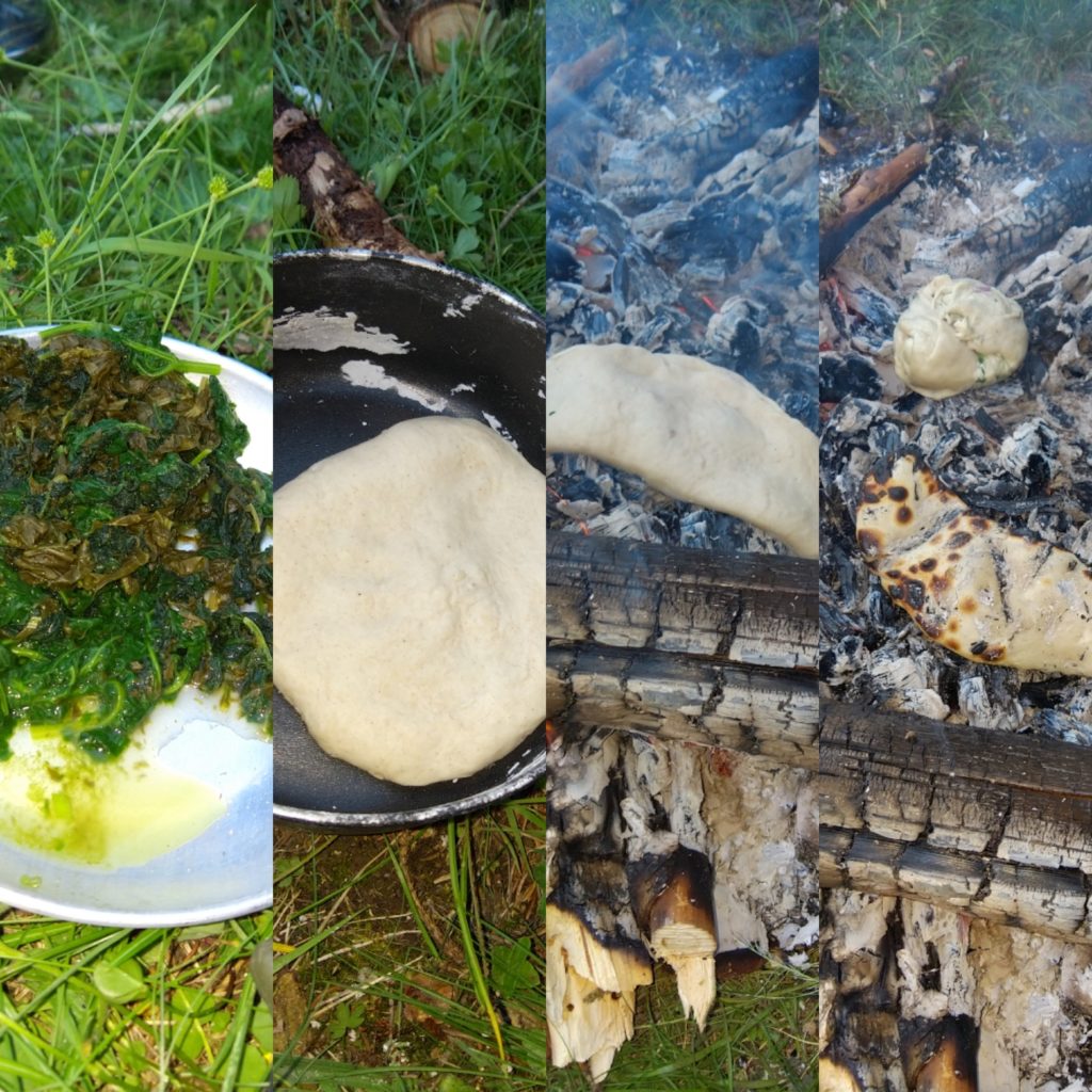 Chapatis de plantes sauvages en chausson, cuisson sur la braise.